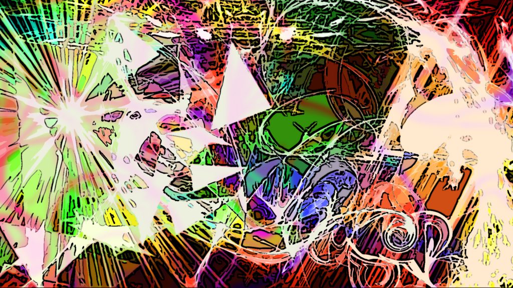 Ähnlich wie im Bild Abstrakt 6 ist hier ein digital erstelltes Bild zu sehen. Es sieht ein wenig wie das Negativ von Abstrakt 6 aus. Aus einem dunklen Hintergrund erscheinen hell leuchtende Linien, Kreise, Wirbel.
