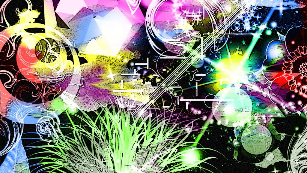 Zu sehen ist ein digital erstelltes Bildkunstwerk. Mit dem Programm Adobe Photoshop sind verschiedene Elemente zusammengefügt worden. Man sieht Kreise, Linien, etwas sieht wie ein Grasbüschel aus. Im Hintergrund leuchtet ein Stern aus der Bildtiefe auf. Die Elemente stechen alle in sehr hellen Farben von einem dunklen Hintergrund hervor.