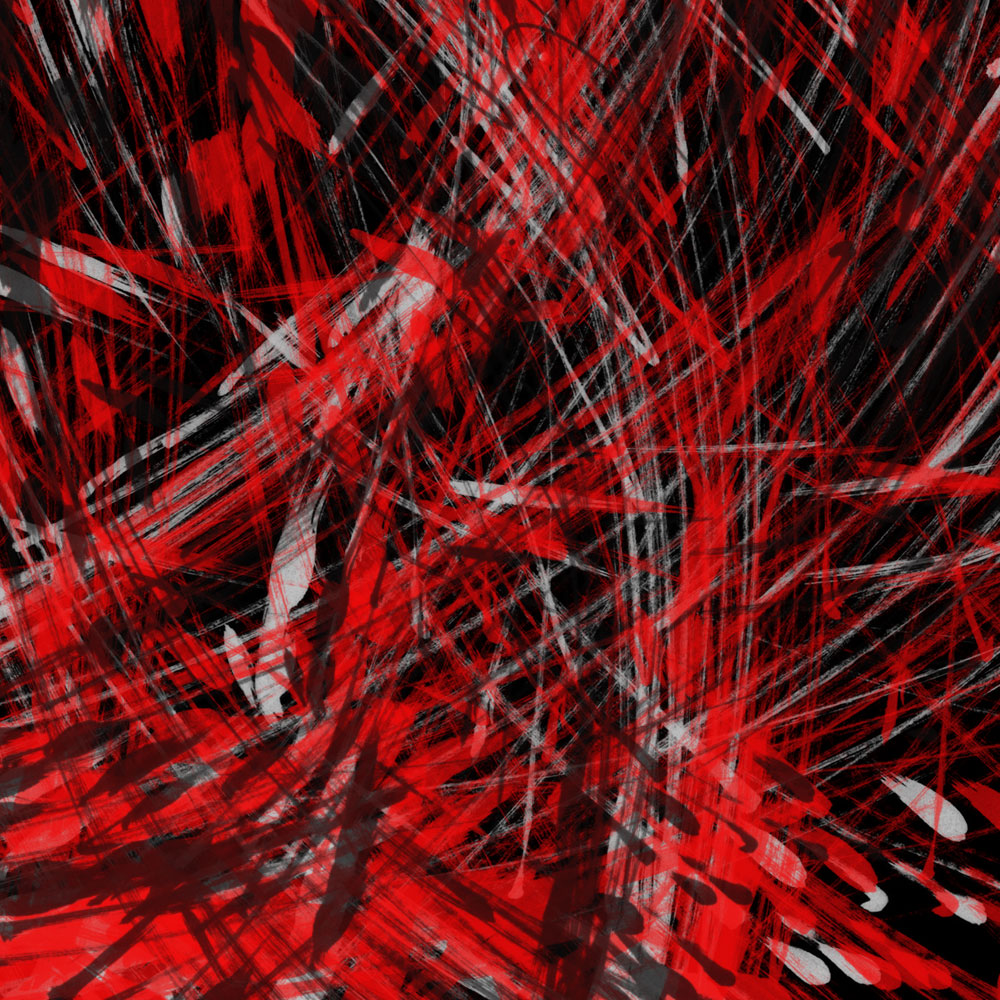 Zu sehen ist ein Bild, welches mi ´t Adobe Photoshop erstellt wurde. Auf schwarzem Hintergrund wirbeln sich rote und weiße Linien. Es sieht aus wie Gekritzelt, ein Chaos aus diesen drei Farben, schwarz, weiß, rot.